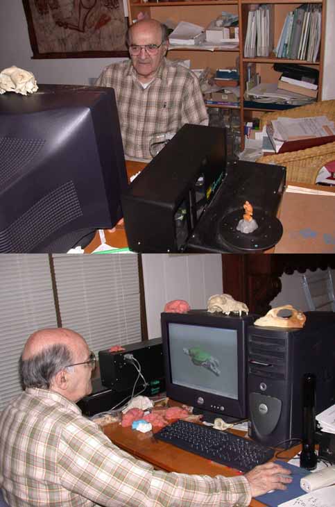 Two views of Professor Jerison at his computer, scanning brains and endocasts.